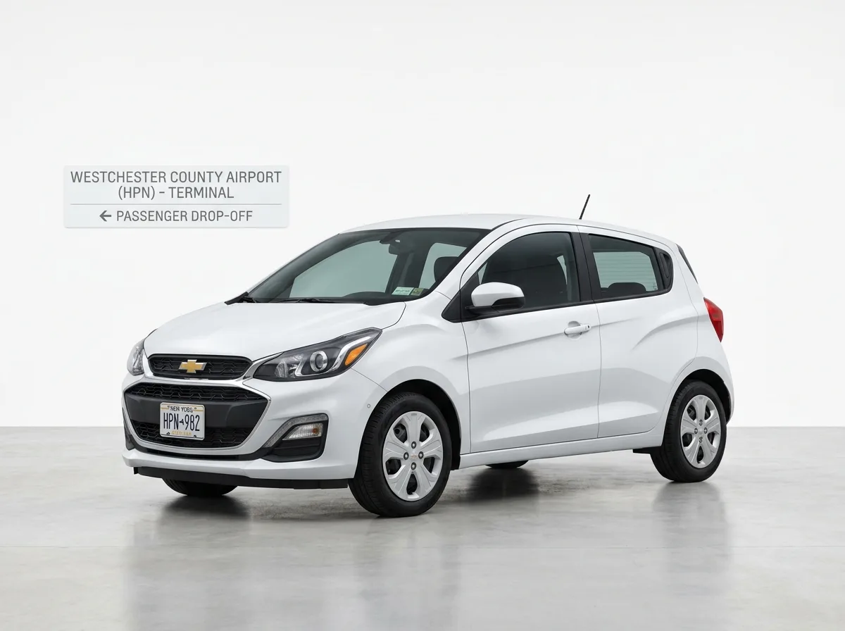 White economy hatchback Chevrolet Spark parked at HPN airport terminal, clean white background, studio product shot