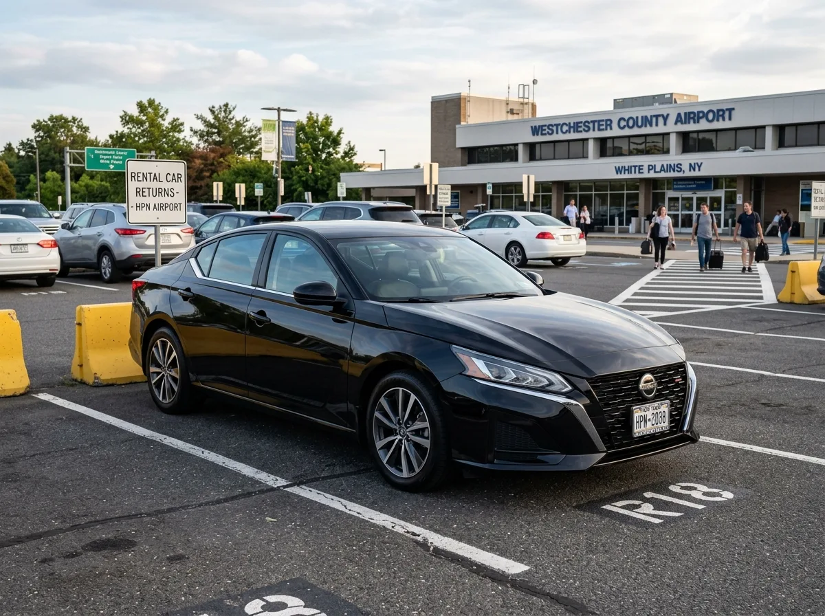 Black full-size Nissan Altima sedan at White Plains airport parking lot, professional angle, clean vehicle ready for rental