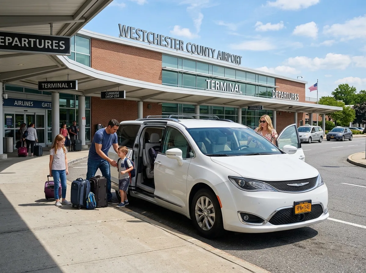 White Chrysler Pacifica minivan at Westchester County airport dropoff area, family vehicle with sliding doors open, sunny afternoon