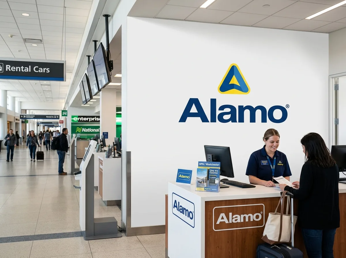 Alamo car rental brand logo, white background, on-airport concession at HPN Westchester