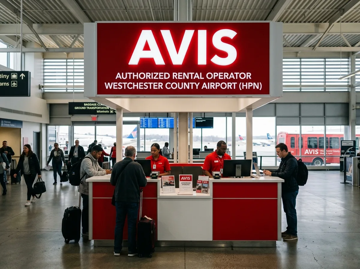 Avis car rental brand logo, red and white, authorized rental operator at Westchester County Airport