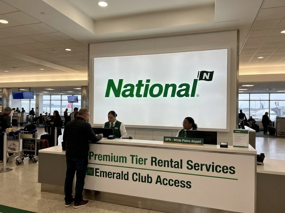 National Car Rental logo, green on white, premium tier rental brand with desk at HPN White Plains
