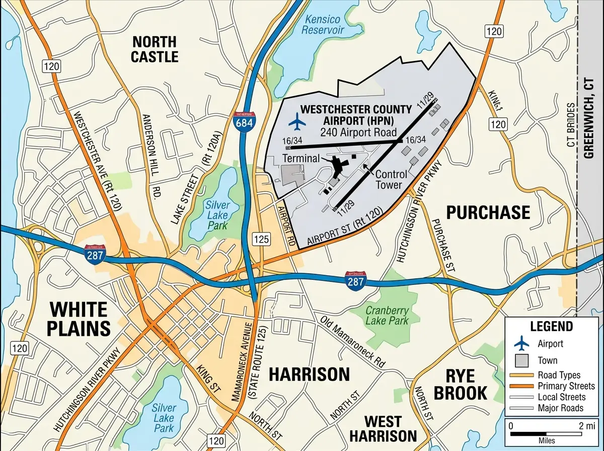 Street map showing Westchester County Airport HPN location in White Plains NY with surrounding roads Mamaroneck Ave I-684 I-287 and nearby towns labeled