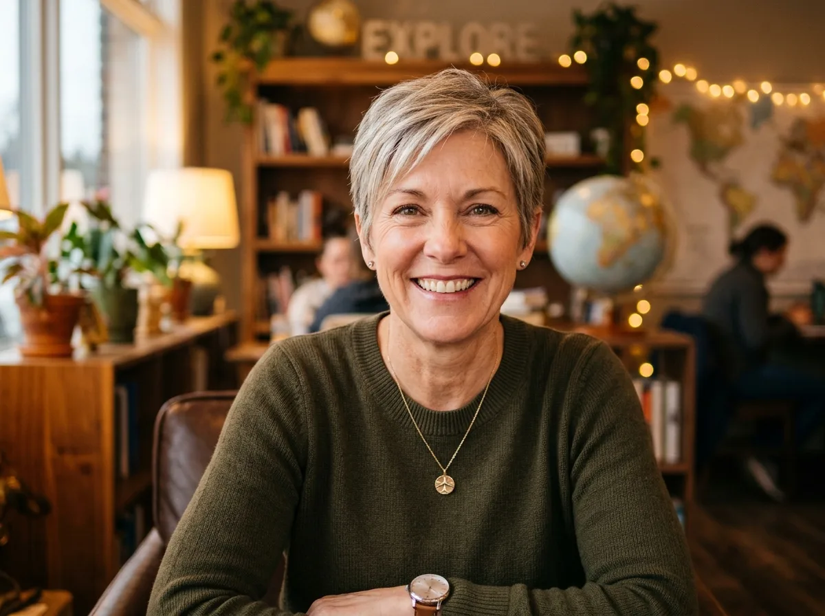 Avatar photo of Diane R, female professional traveler 50s, short hair, smiling at camera warm indoor lighting
